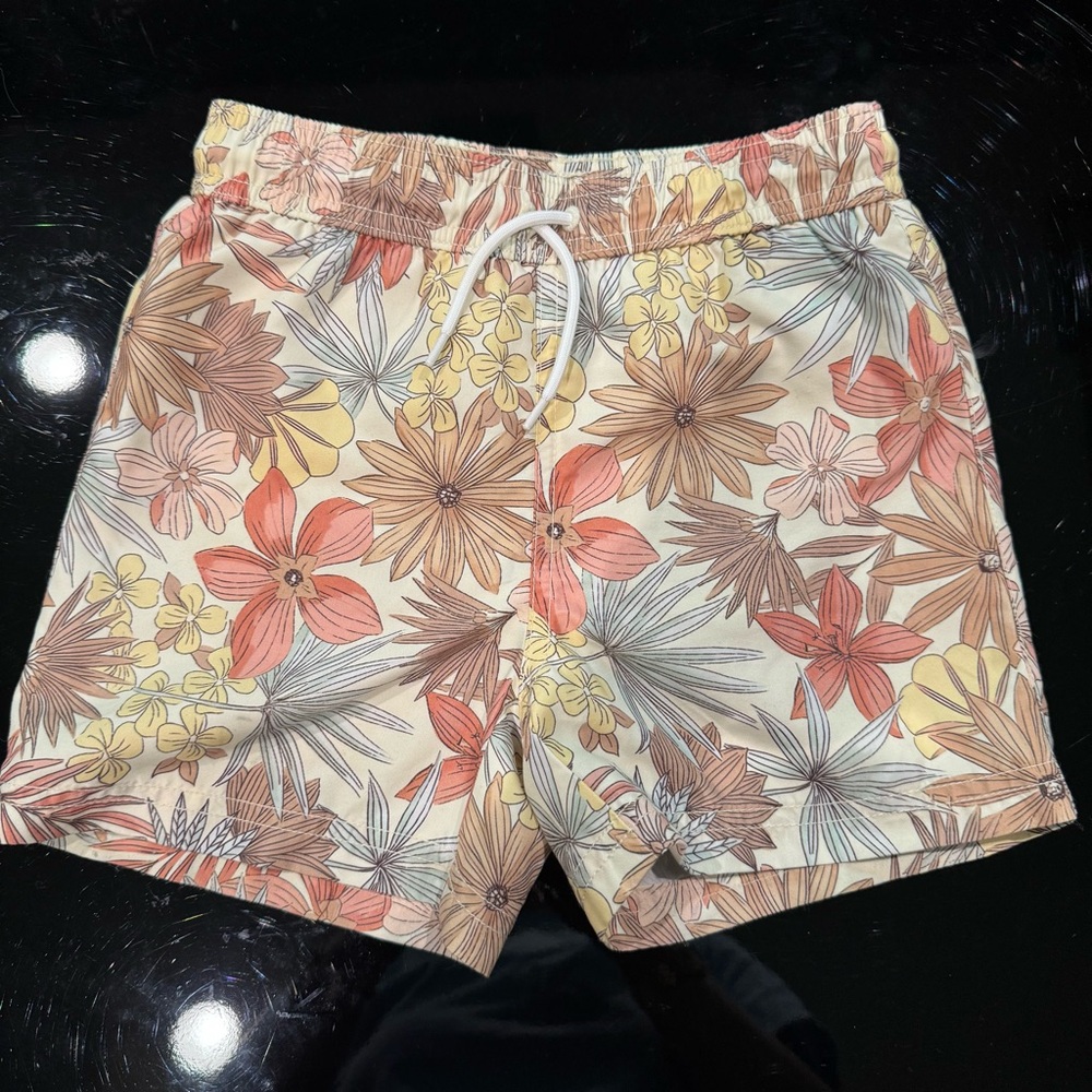 Janie and Jack Boy’s Floral Waistband Swim Shorts - Cream, Yellow, Brown